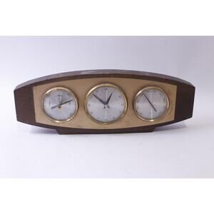 Vintage Tabletop Weather Station, Clock, Thermometer, Barometer, Wooden,